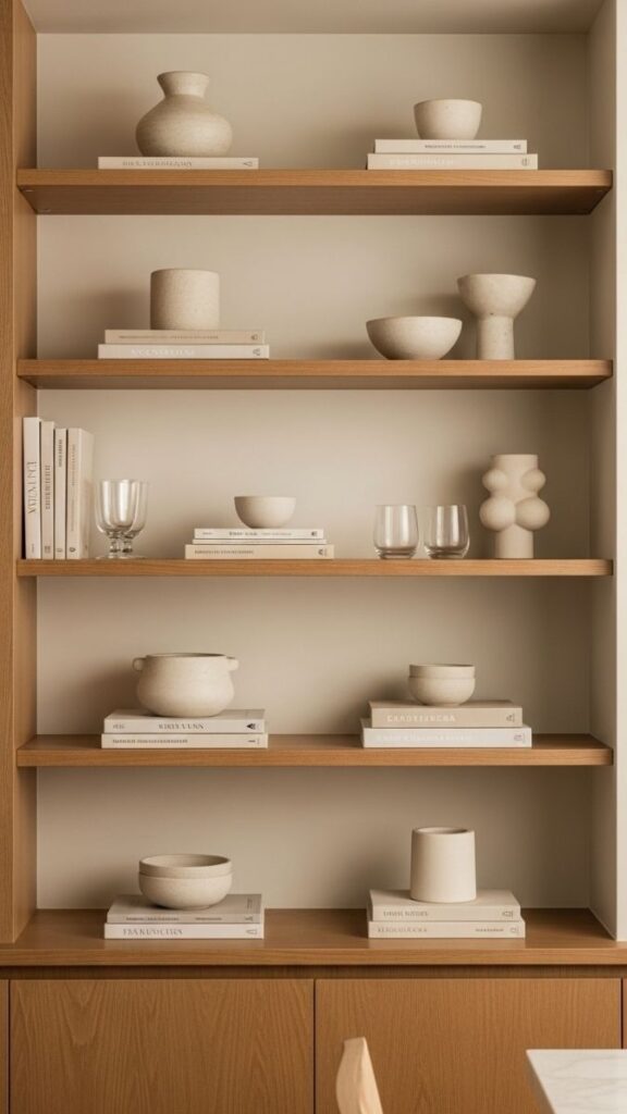 Open Wood Shelving with Intentional Object Placement