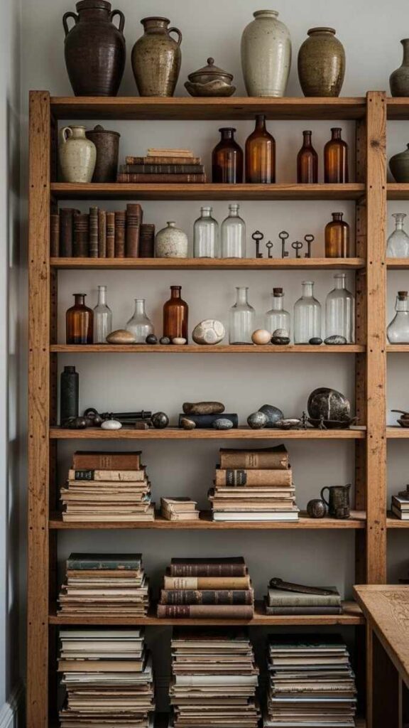 Open Wooden Shelving with Curated Vintage Objects