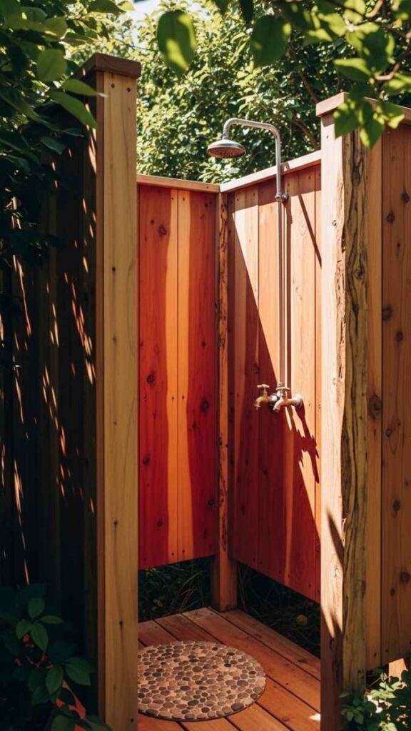 Outdoor Shower Enclosure With Rustic Cedar Wood
