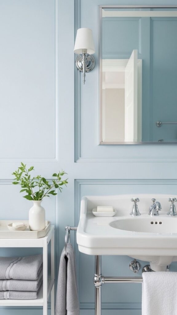 Pale Blue Bathroom with Wainscoting Panel Detail