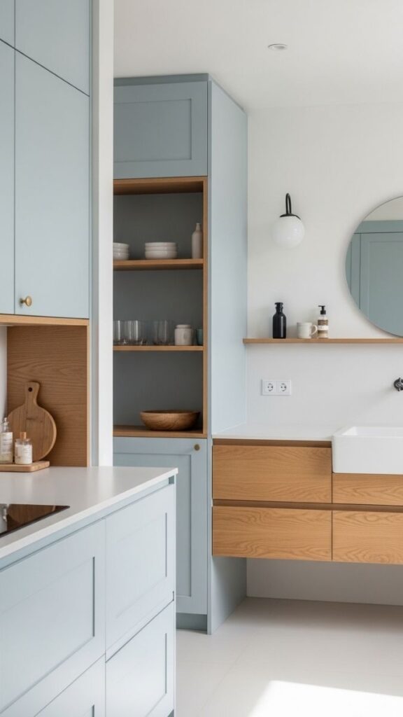 Pale Blue Gray and Natural Oak in a Kitchen or Bathroom