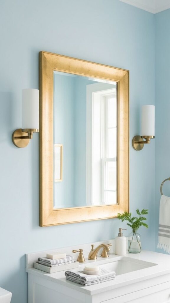 Pastel Blue Bathroom with Gold Leaf Mirror