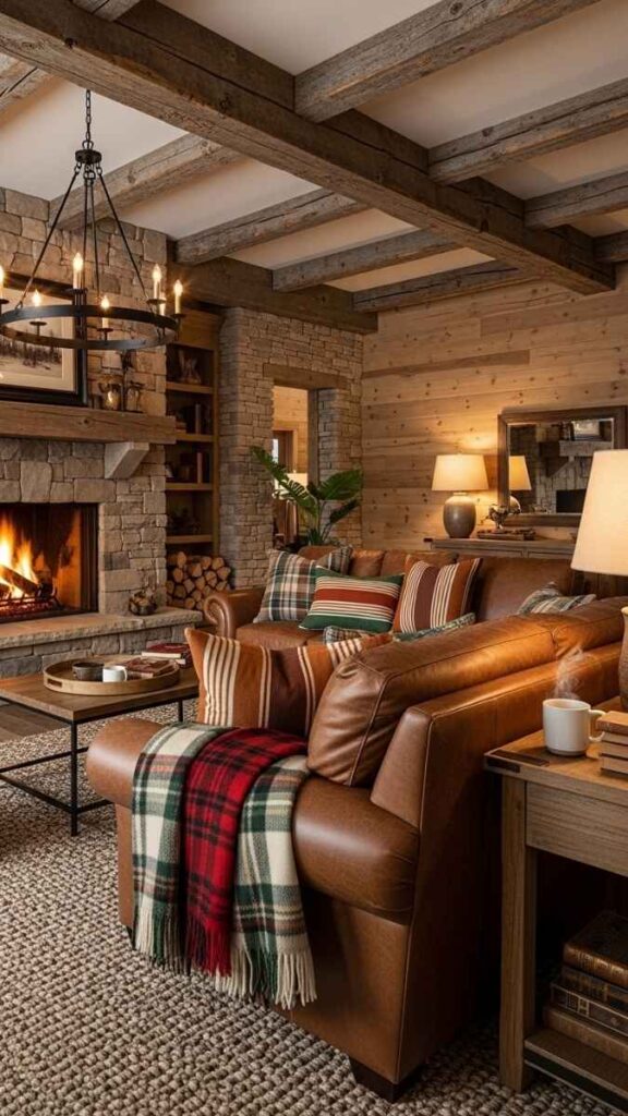 Plaid Wool Throw Blankets and Cabin-Stripe Pillows on a Leather Sofa