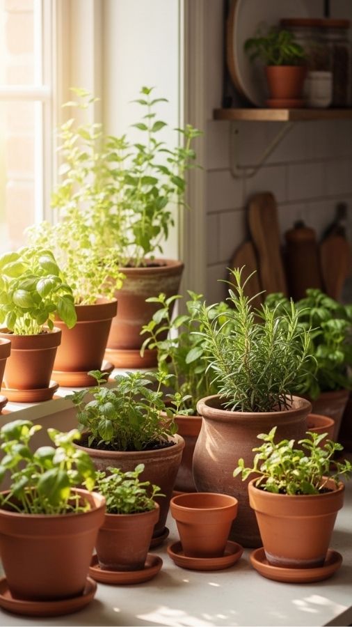 Potted Herbs and Indoor Plants in Clay Pots