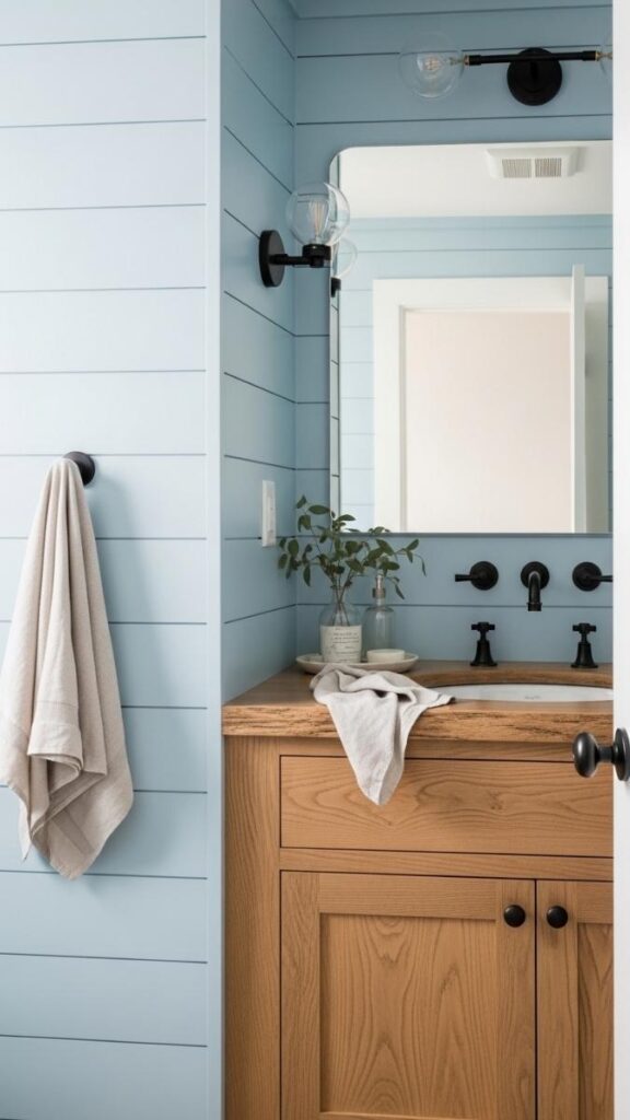 Powder Blue Shiplap with Raw Wood Vanity