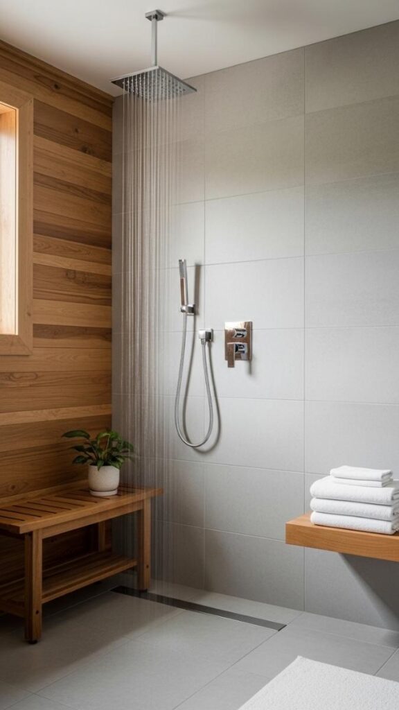 Rainfall Showerhead with Teak Shower Bench