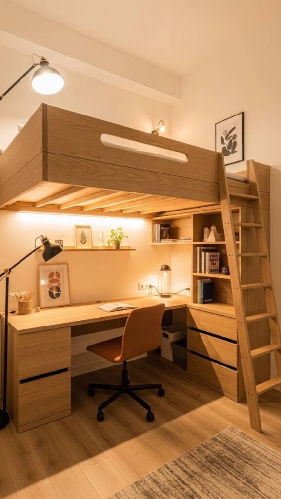 Raise the Bed on a Loft Frame to Free Up the Floor Completely