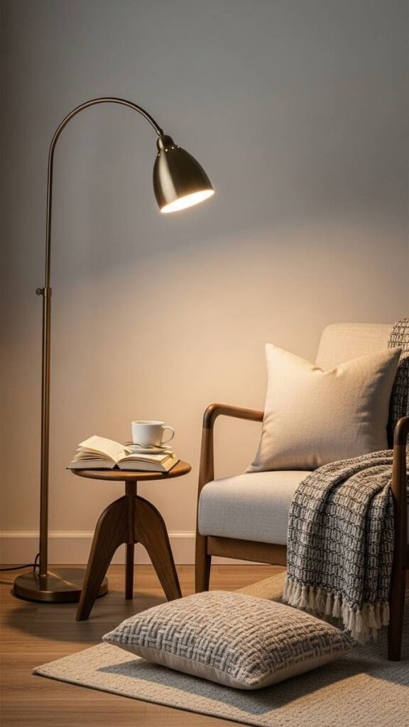 Reading Corner With an Arched Floor Lamp