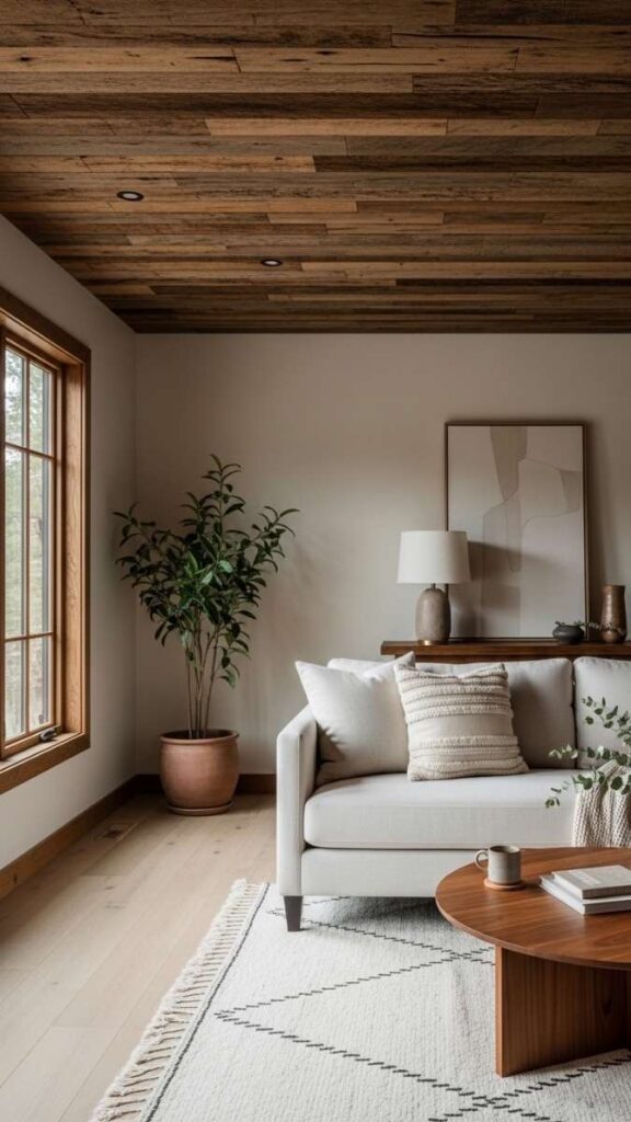 Reclaimed Wood Ceiling for a Cabin Inspired Mood