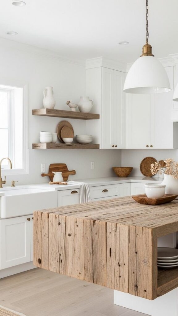 Reclaimed Wood Floating Island in a White Kitchen