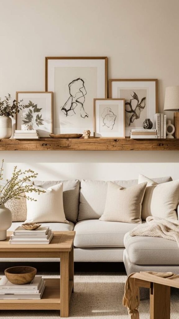 Reclaimed Wood Shelf Above a Low Sofa