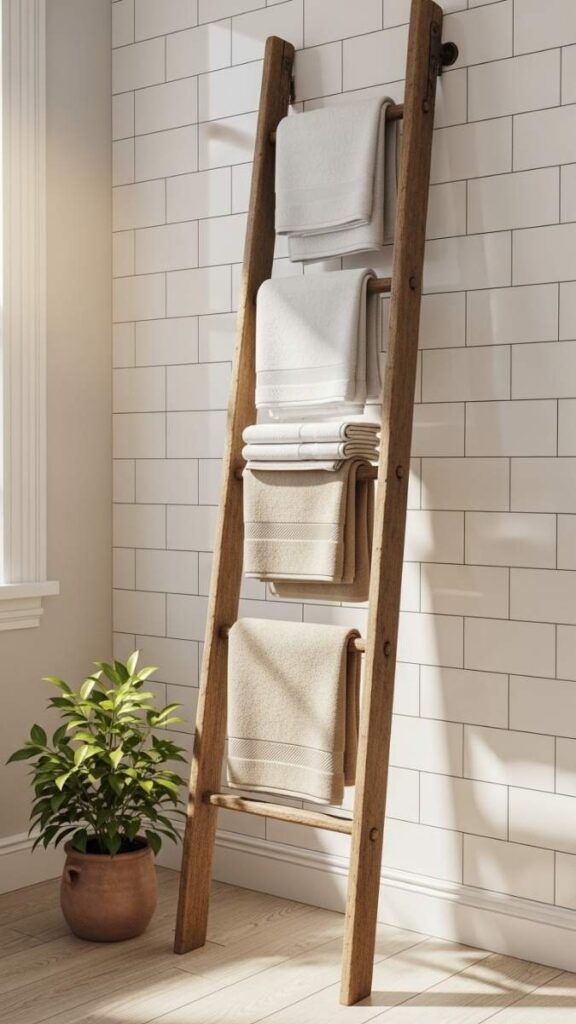 Repurposed Ladder as Towel or Blanket Rack