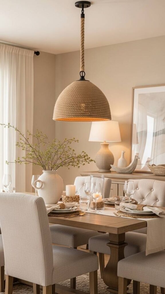 Rope Wrapped Pendant Light Over a Dining Table