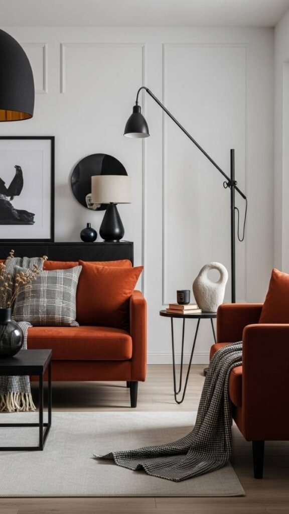 Rust, Black, and Warm White in a Statement Living Room