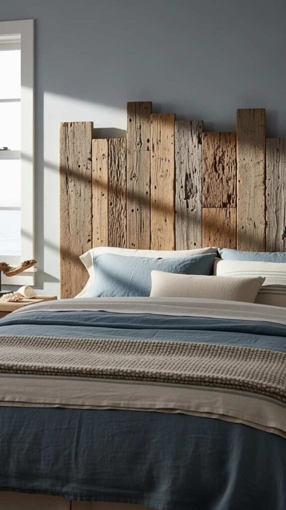 Salvaged Wood Headboard in the Coastal Bedroom