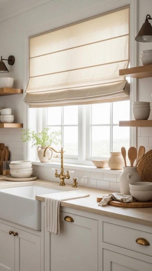 Sandy Linen Roman Shades Over the Kitchen Window