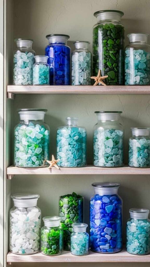 Sea Glass Collection Displayed in Apothecary Jars