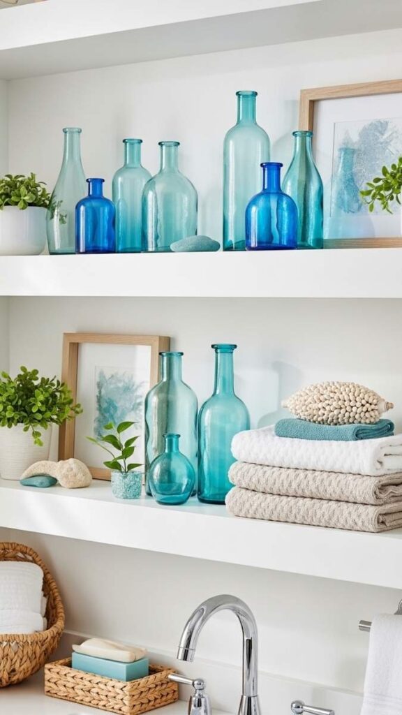 Sea Glass or Blue Bottle Accents on Shelves