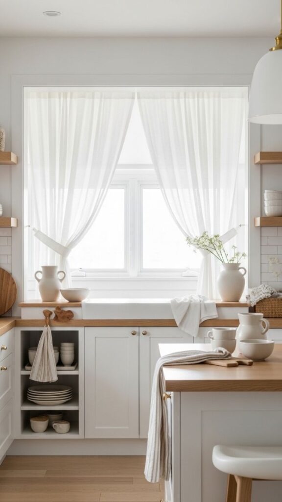 Sheer White Linen Curtains at the Kitchen Pass Through