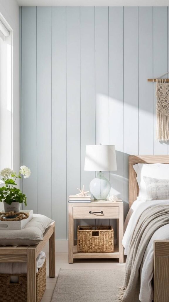 Shiplap or Vertical Plank Accent Wall in a Small Coastal Bedroom or Living Room