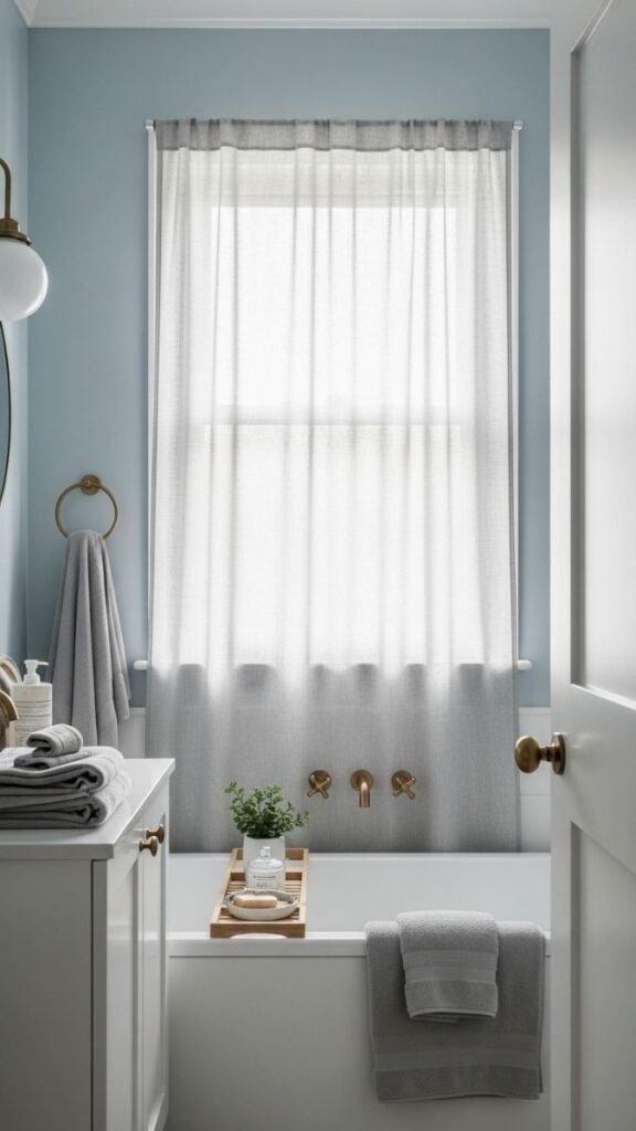 Soft Blue Bathroom with Sheer Linen Curtain in Window