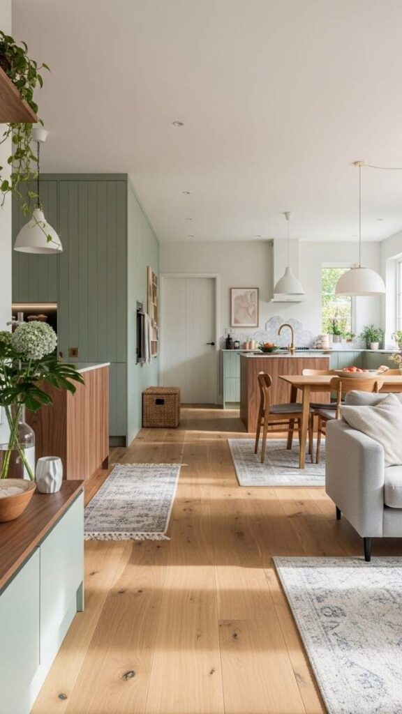 Soft Green and Warm Wood Tones Throughout an Open-Plan Space