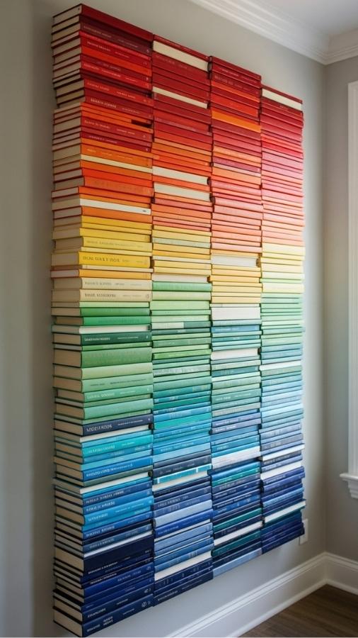 Stacked Book Spines as Color Sorted Wall Art