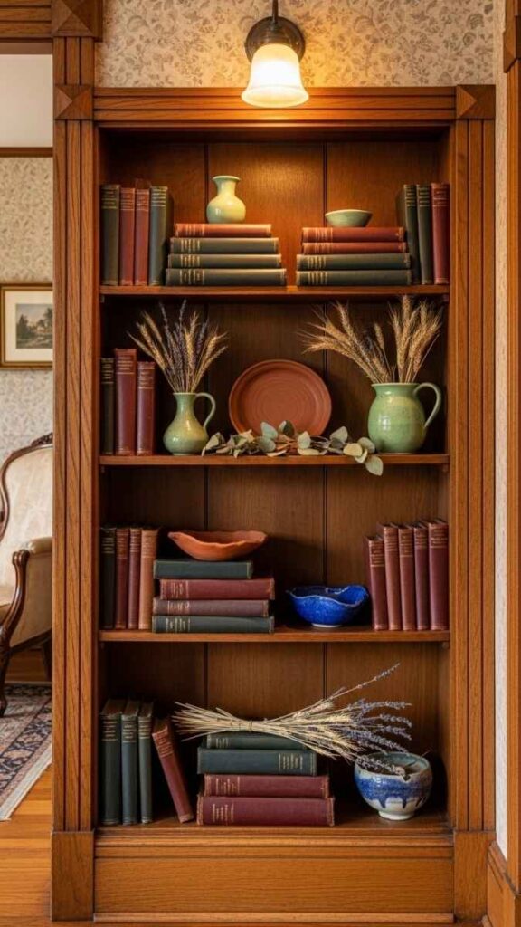 Stacked Vintage Books as Wall-Integrated Shelving Decor