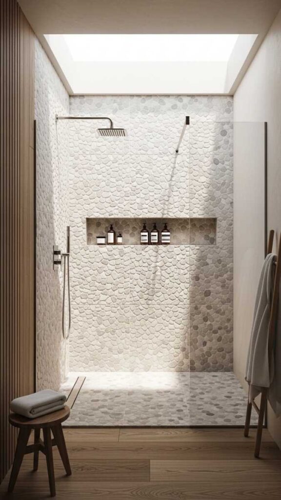 Stone or Pebble Tile Shower Floor for Natural Texture