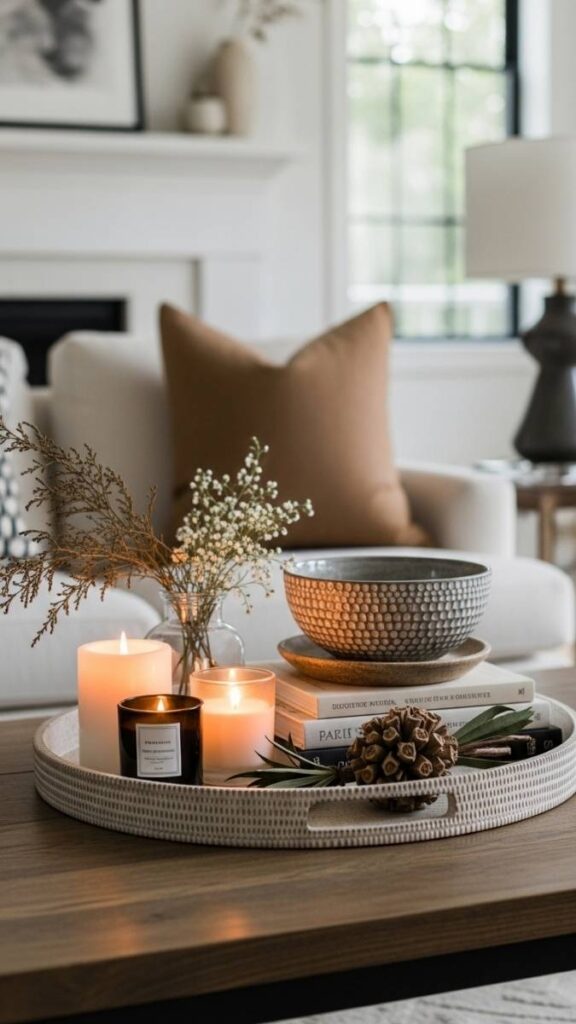 Style a Tray on the Coffee Table with Candles, Botanicals, and a Textured Bowl
