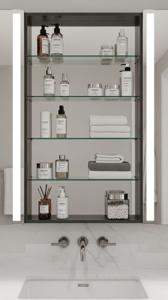 Styled Storage in a Medicine Cabinet or Deep Mirror Niche