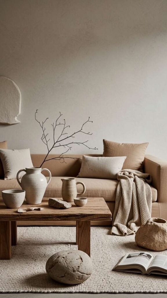 Textured Neutral Living Room With Wabi-Sabi Materials