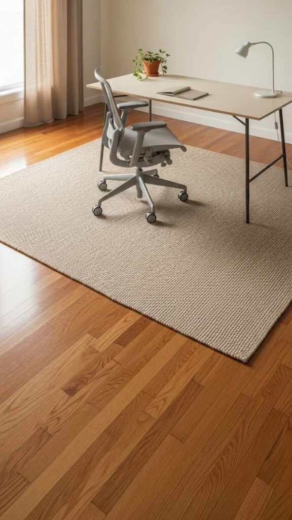 Textured Rug to Define the Office Zone in an Open Floor Plan