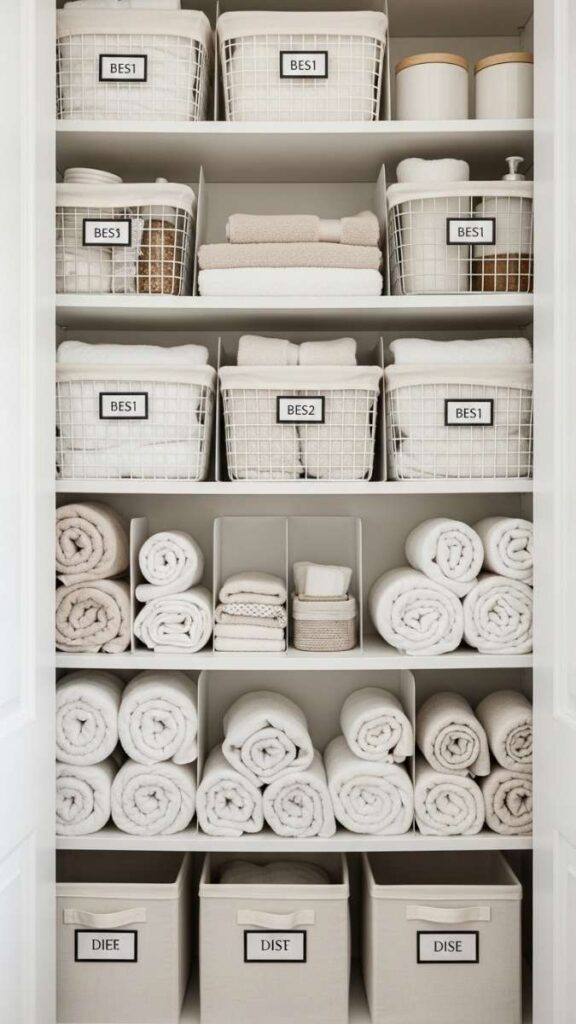 The Linen Closet Overhaul With Shelf Dividers and Rolled Towels