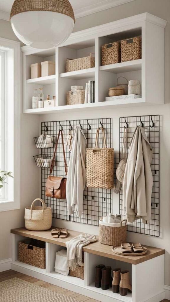 The Mudroom Wall Grid With Hooks and Baskets