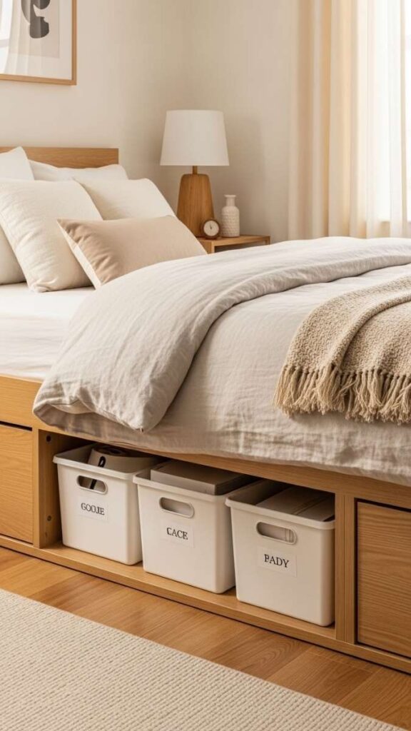 Under-Bed Storage With Labeled Flat Bins