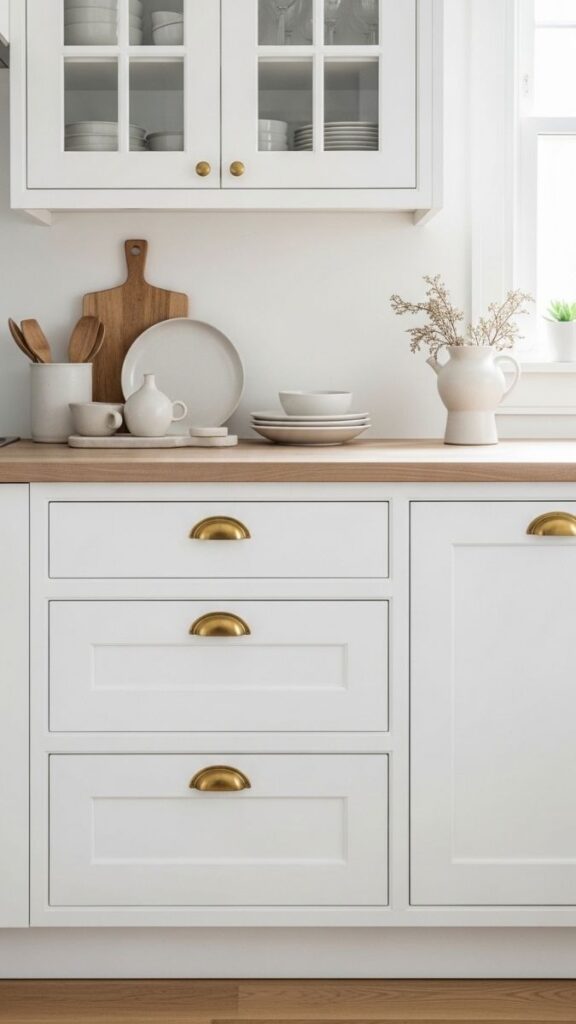 Unlacquered Brass Hardware on White Shaker Cabinets
