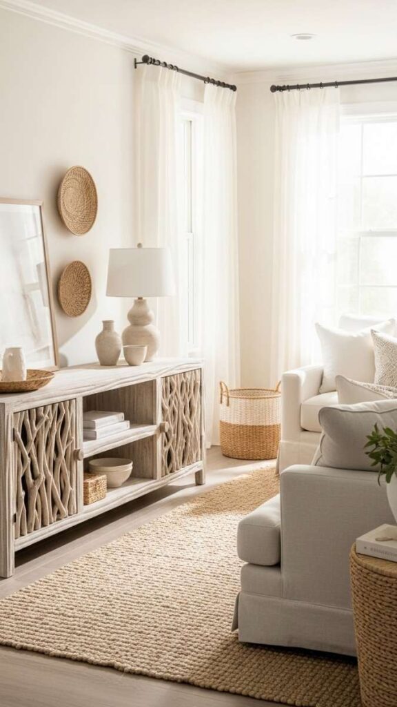Use a Driftwood or Bleached Wood Media Console Instead of Black or Dark Units
