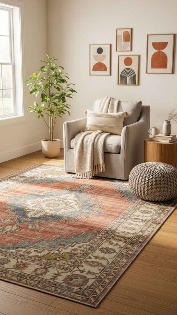 Use a Persian or Vintage Style Rug to Warm Up Wood Floors