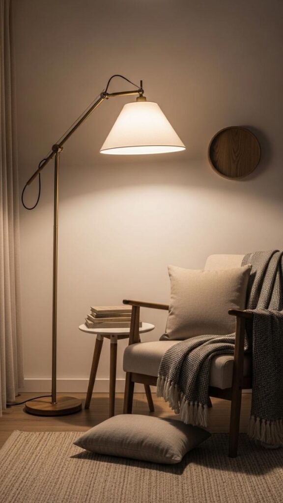 Use a Statement Floor Lamp With a Wide Shade to Light a Reading Nook