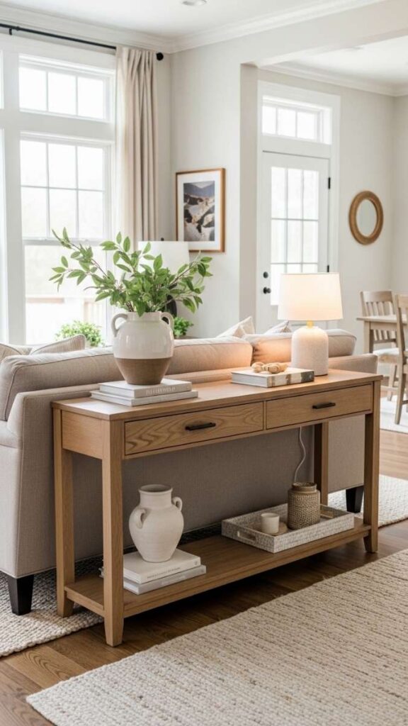 Use a Wooden Console Table Behind the Sofa as a Functional Divider