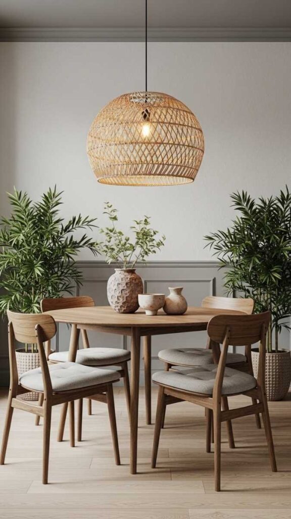  Use a Woven or Rattan Pendant Light to Warm Up a Dining Area