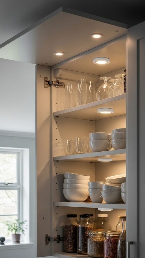Use Battery-Operated Puck Lights Inside Cabinets for a Functional and Subtle Upgrade