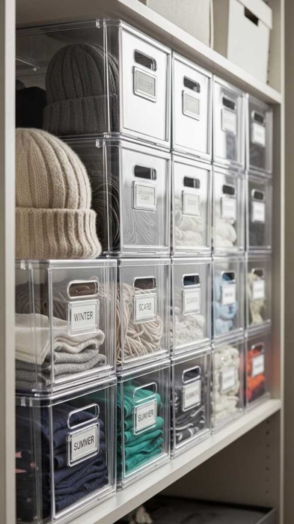 25 Closet Organization Ideas DIY That Actually Make Small Spaces Work Harder 12 Use Clear Stackable Bins for Seasonal Item Storage
