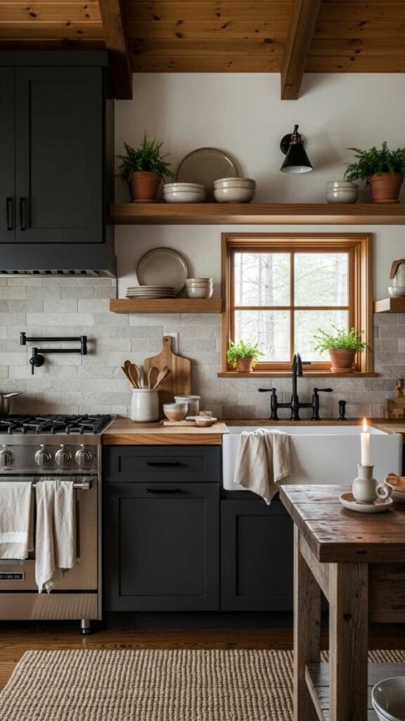 Use Dark Cabinetry in the Cabin Kitchen to Anchor the Space