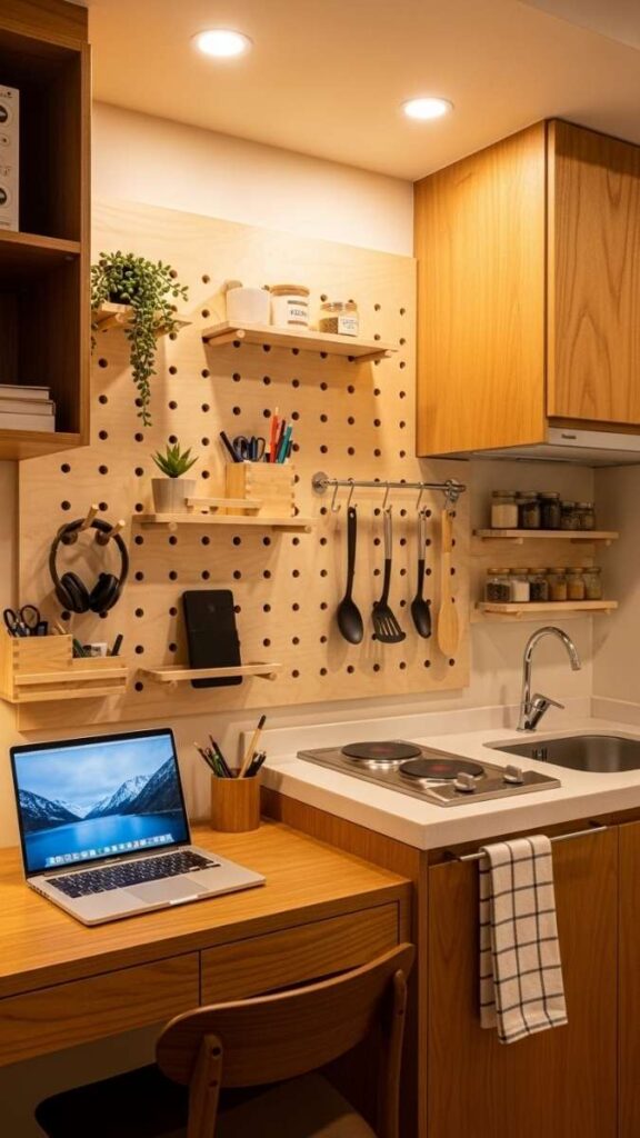 Use Pegboards or Wall-Mounted Organizers in the Kitchen or Office Area