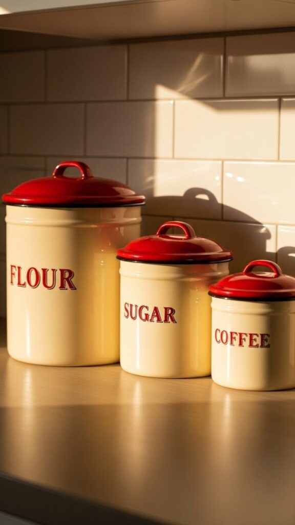 Vintage Enamel Canisters and Containers on the Counter