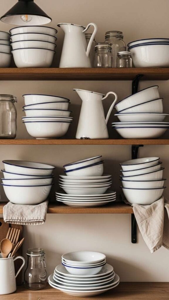 Vintage Enamelware Collection Displayed on Open Kitchen Shelves