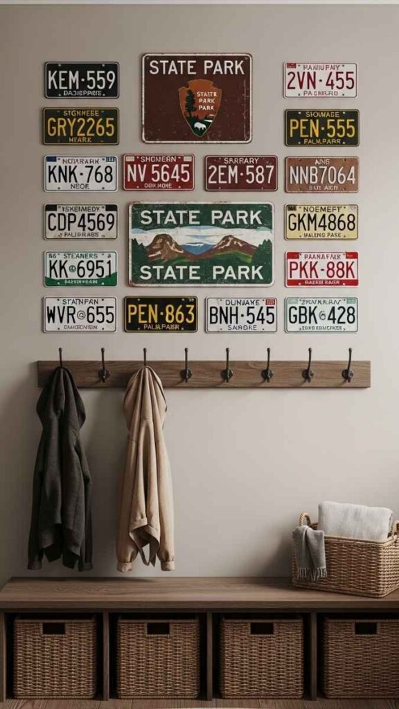 Vintage License Plates and State Park Signs on a Mudroom Wall