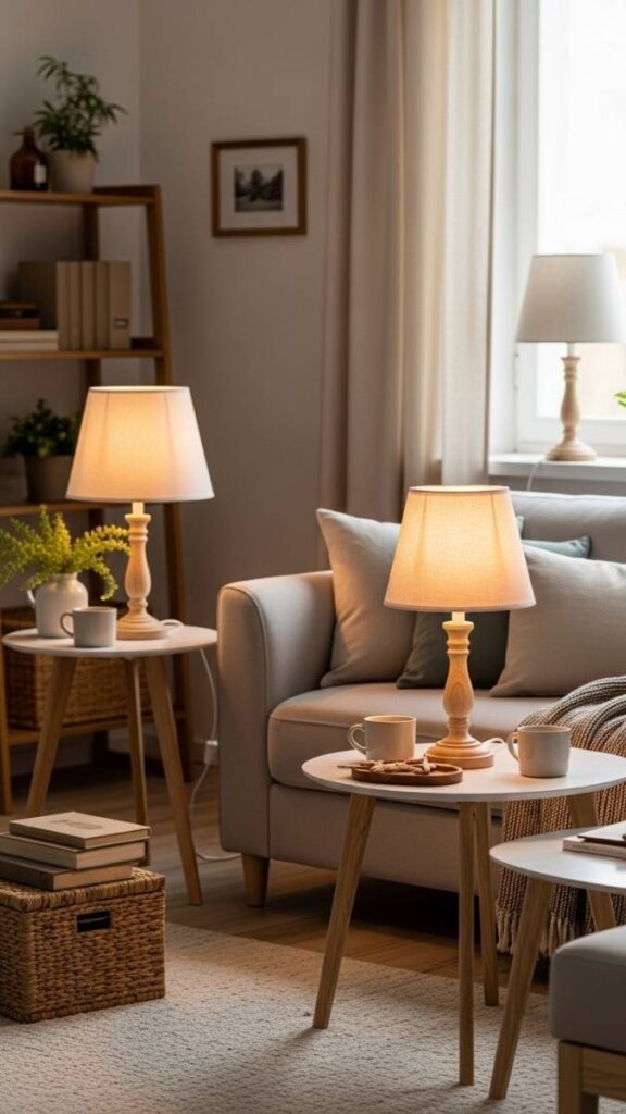 Vintage Table Lamps With Fabric Shades on Side Tables